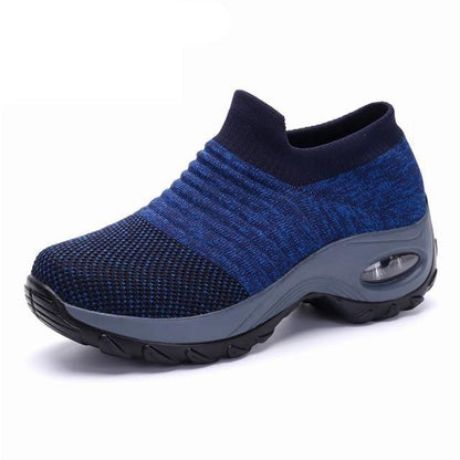 Women's Chunky Sneakers Stevvex knitted sock sneakers blue mesh upper platform air cushion sole on Tampa Home & Garden Store