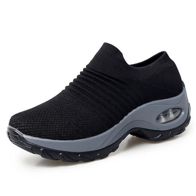 Stevvex women's knit sock sneakers, black slip-on platform shoes with gray air cushion on Tampa Home & Garden Store