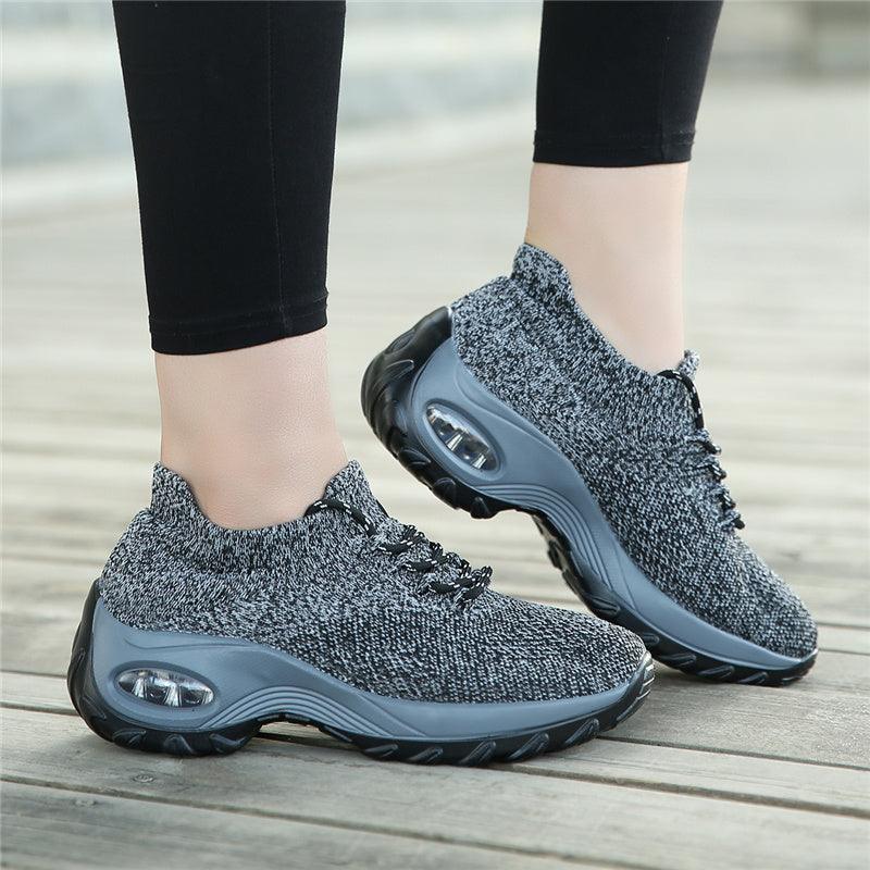Women’s knit sock sneakers gray speckled upper lace-up with air‑cushioned chunky platform sole pair on Tampa Home & Garden Store