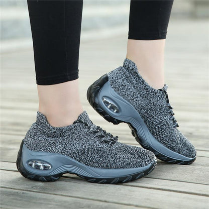 Women’s knit sock sneakers gray speckled upper lace-up with air‑cushioned chunky platform sole pair on Tampa Home & Garden Store