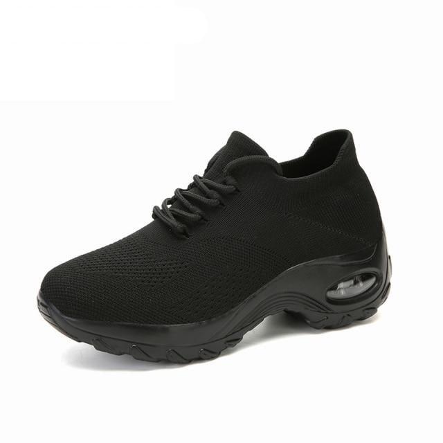 Stevvex women's knit mesh platform sneakers with air cushion, black casual walking shoes on Tampa Home & Garden Store
