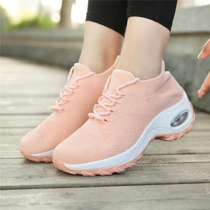 Women’s knit mesh sneakers pink Stevvex platform air-cushion walking shoes pair on Tampa Home & Garden Store