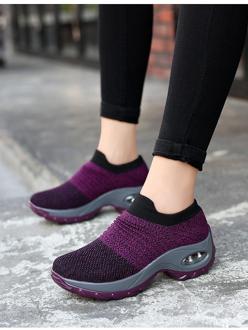 Stevvex Women's knit sock sneakers in purple magenta with gray air-cushioned platform sole on Tampa Home & Garden Store
