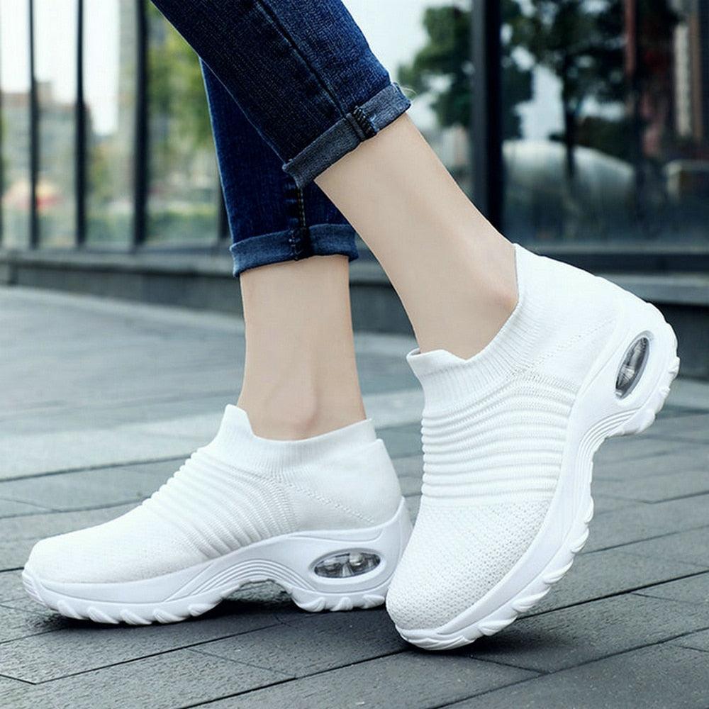 Stevvex women's white knit sock sneakers with platform air cushion slip-on casual walking shoes on Tampa Home & Garden Store