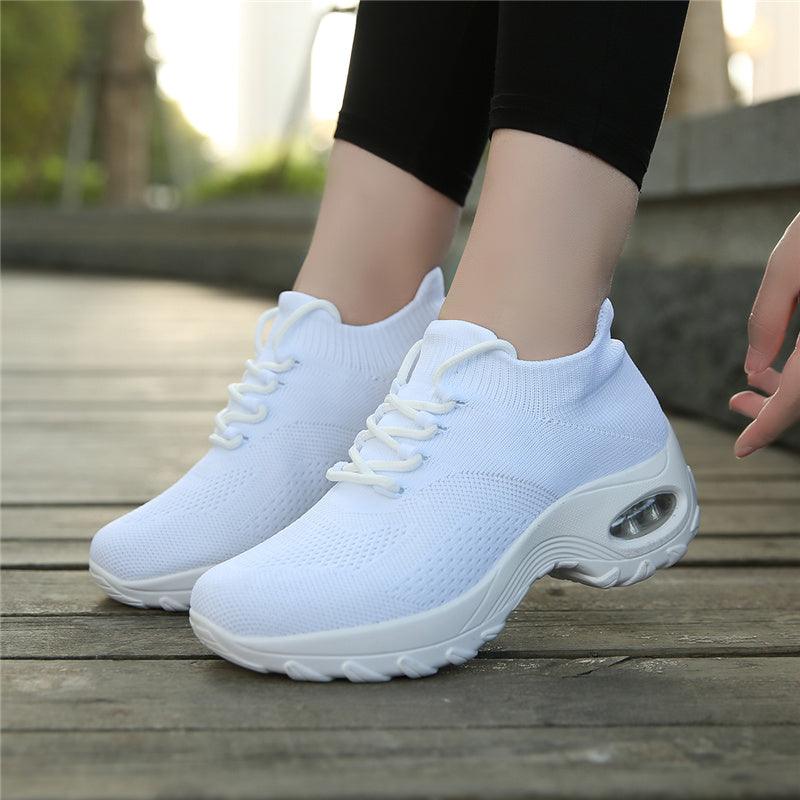 Stevvex women's white knit mesh sneakers pair with chunky platform air cushion on Tampa Home & Garden Store