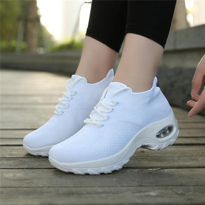 Stevvex women's white knit mesh sneakers pair with chunky platform air cushion on Tampa Home & Garden Store