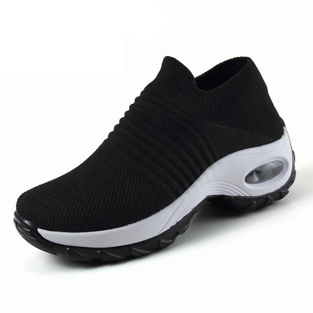 Stevvex women's knit sock sneakers black mesh with air cushion heel and white platform sole on Tampa Home & Garden Store