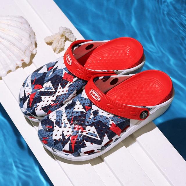 Stevvex women's casual clogs red strap with blue white red print pair on Tampa Home & Garden Store