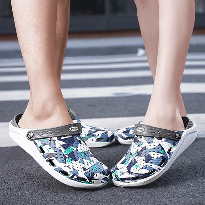 Stevvex women's casual breathable clogs pair with geometric print upper and gray strap on Tampa Home & Garden Store