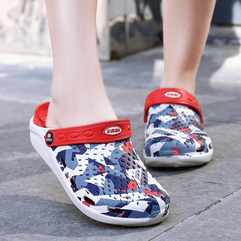 Women's Stevvex casual clogs with breathable mesh, red strap and blue white camo pattern on Tampa Home & Garden Store