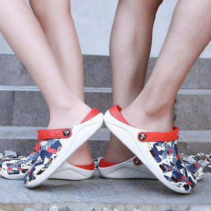 Stevvex women's slip-on clogs with red strap and patterned upper, breathable sandals pair on Tampa Home & Garden Store