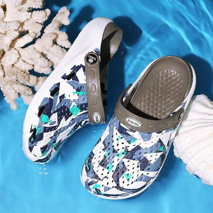 Women's Stevvex slip-on clogs with geometric blue white pattern, breathable lightweight on Tampa Home & Garden Store