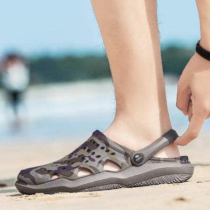 Stevvex women's camo breathable sandals with perforated upper and back strap on beach on Tampa Home & Garden Store