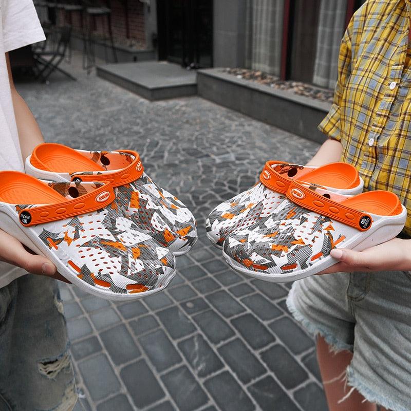 Women's Stevvex casual breathable clogs with orange strap and pattern, two pairs on Tampa Home & Garden Store