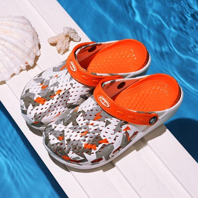 Stevvex women's casual clogs orange strap breathable slip on sandals with camo print on Tampa Home & Garden Store