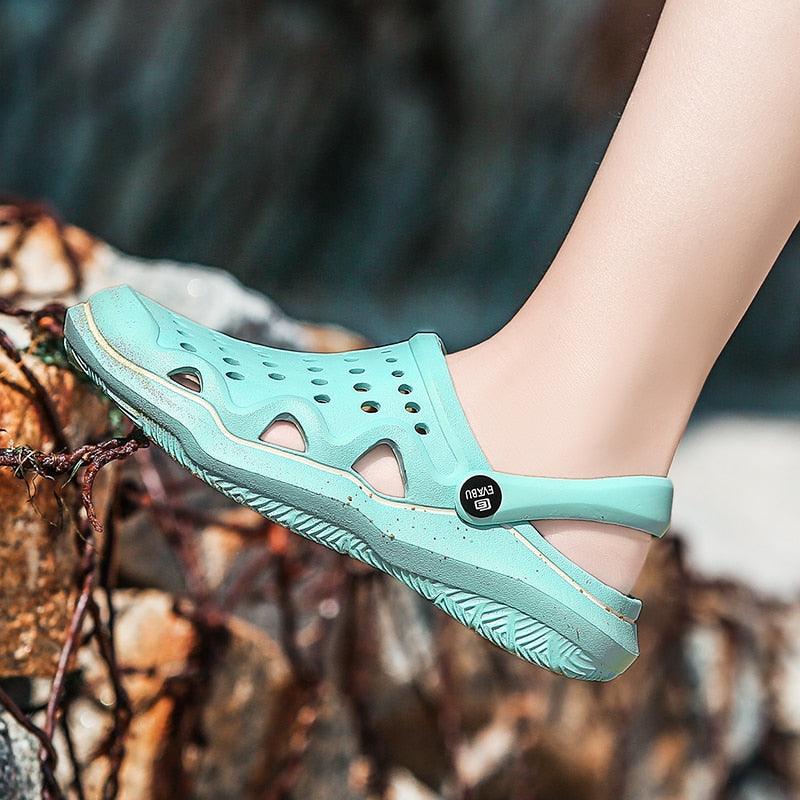 Stevvex women's breathable slip-on clogs sandals with back strap, perforated mint teal upper on Tampa Home & Garden Store