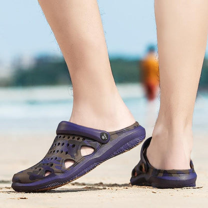Stevvex women's casual clogs breathable perforated purple-blue sandals pair on beach on Tampa Home & Garden Store