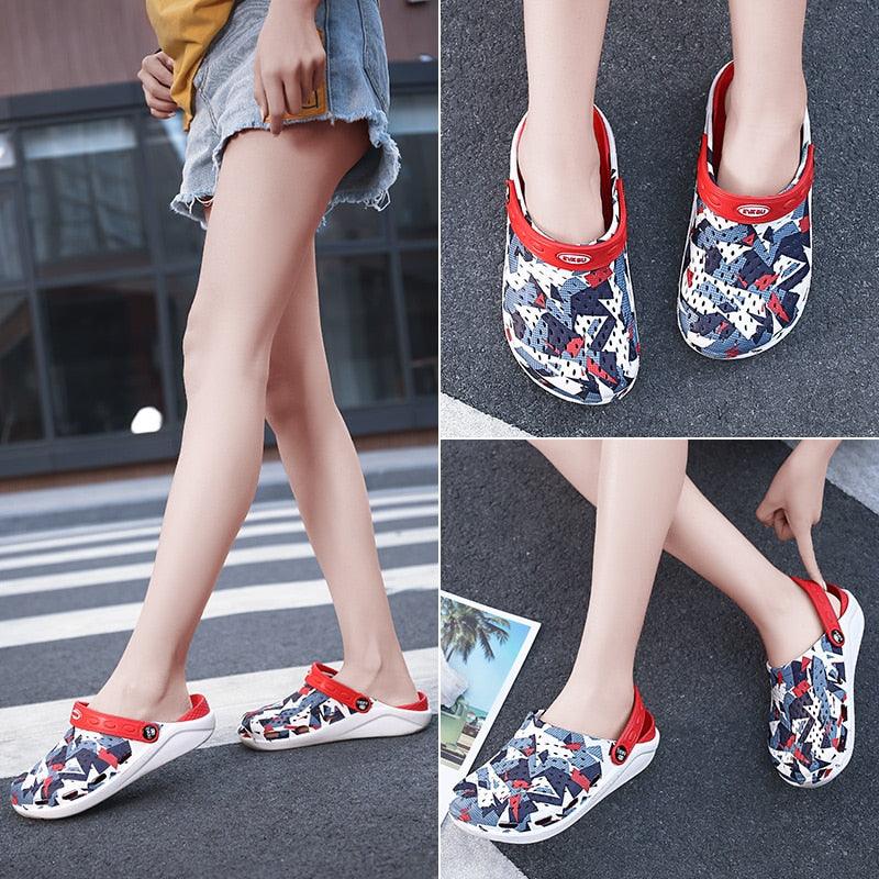 Stevvex women's casual clogs sandals geometric blue red pattern with red trim white sole on Tampa Home & Garden Store