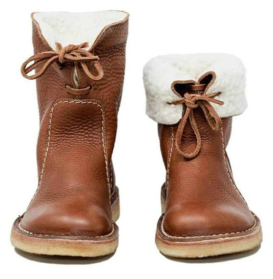 Stevvex women's brown leather winter boots, white fur lining, high-top lace-up, mid-calf pair on Tampa Home & Garden Store