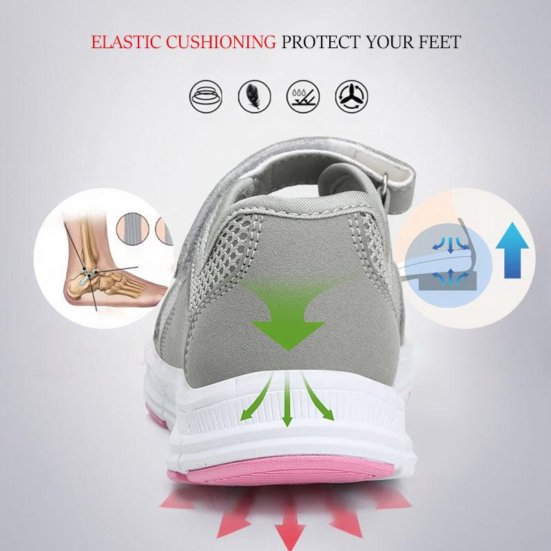 Stevvex women's mesh sneakers back view gray upper with pink sole on Tampa Home & Garden Store