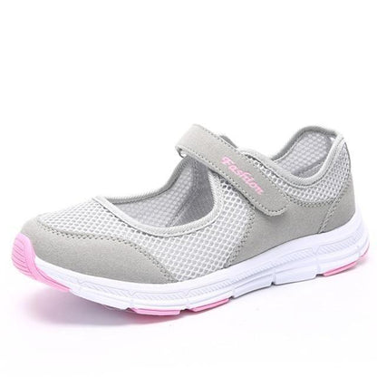 Stevvex women's breathable mesh sneakers light gray with pink outsole and Velcro strap on Tampa Home & Garden Store