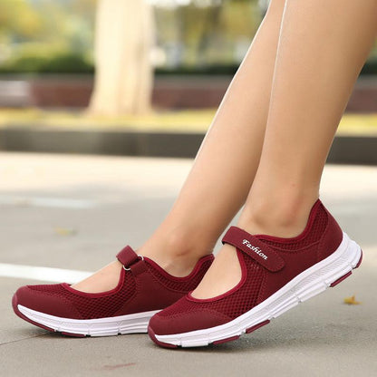 Stevvex women's burgundy mesh sneakers with Velcro strap and white cushioned sole on Tampa Home & Garden Store