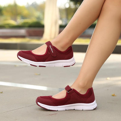 Stevvex women's walking sneakers burgundy breathable mesh pair with Velcro strap and white sole on Tampa Home & Garden Store