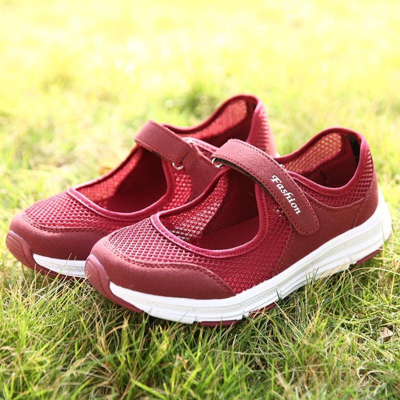 Women's red mesh walking sneakers Stevvex with velcro straps on Tampa Home & Garden Store