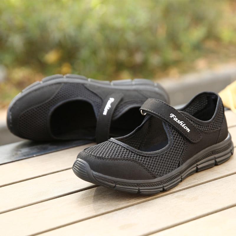 Women's Stevvex breathable mesh sneakers with Velcro strap, black walking shoes on Tampa Home & Garden Store