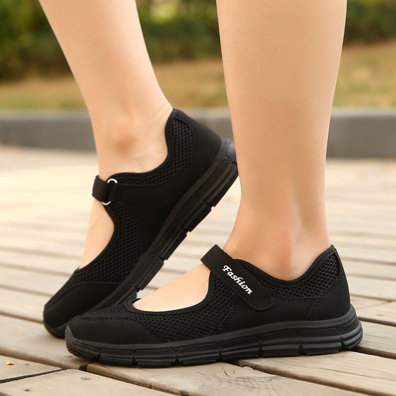 Stevvex women's black mesh sneakers with Velcro strap breathable upper on Tampa Home & Garden Store