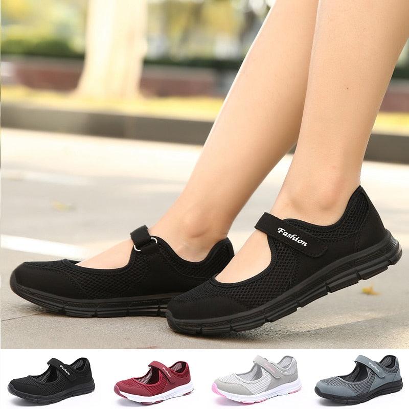 Stevvex women's mesh walking sneakers with Velcro strap, black breathable casual shoes; available in 5 colorways on Tampa Home & Garden Store