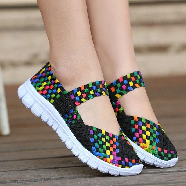 Stevvex women's multicolor woven espadrille sneakers with white sole on Tampa Home & Garden Store