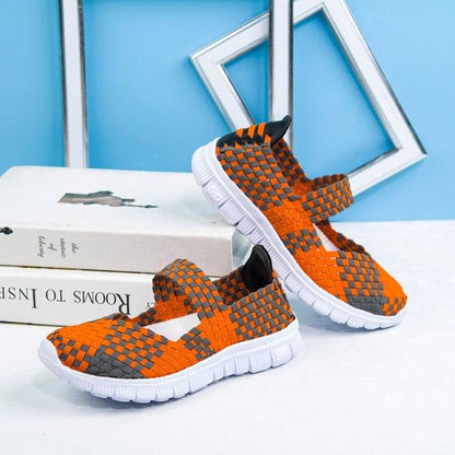 Stevvex women's espadrille sneakers pair, orange-gray woven mesh slip-ons with white sole on Tampa Home & Garden Store