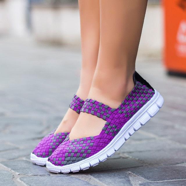 Stevvex women's breathable mesh espadrille sneakers purple black slip-on flat shoes pair on Tampa Home & Garden Store