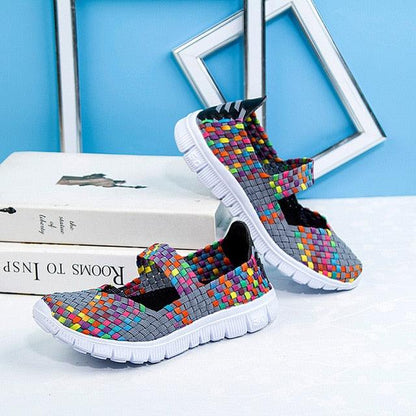 Women's Stevvex espadrille sneakers, multicolor woven mesh slip-on with white sole on Tampa Home & Garden Store