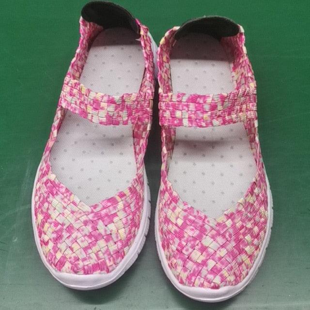 Pair of pink woven espadrille sneakers with breathable mesh, slip-on flat casual shoes on Tampa Home & Garden Store