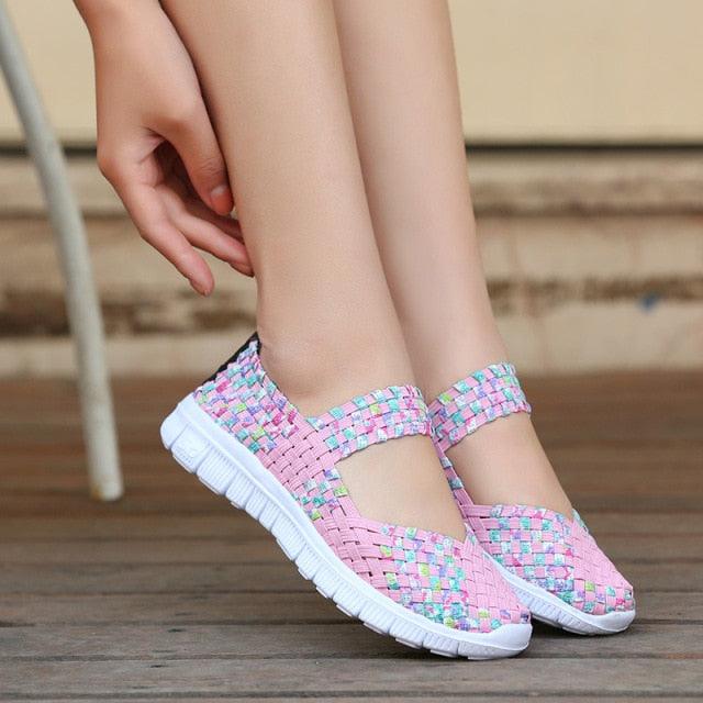 Women's pink woven espadrille sneakers with white sole, breathable slip-ons Stevvex 1 pair on Tampa Home & Garden Store