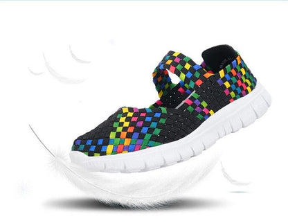 Women's Stevvex espadrille sneakers with colorful woven rainbow upper and white sole on Tampa Home & Garden Store