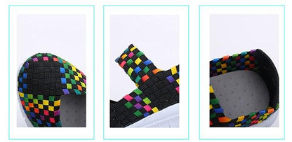 Womens espadrille slip-on sneakers with multicolor woven upper on a black base on Tampa Home & Garden Store
