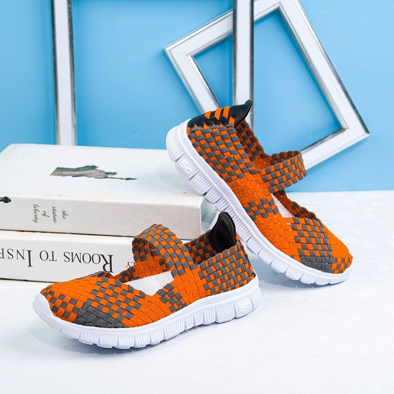 Women's espadrille sneakers Stevvex orange gray checkered woven upper and white chunky sole on Tampa Home & Garden Store