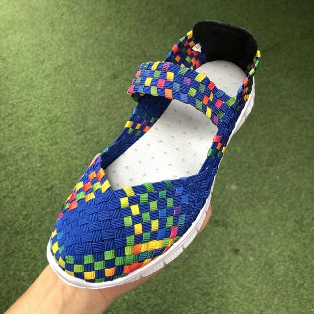 Women's blue woven espadrille sneakers with multicolor pattern and white sole slip-on style on Tampa Home & Garden Store