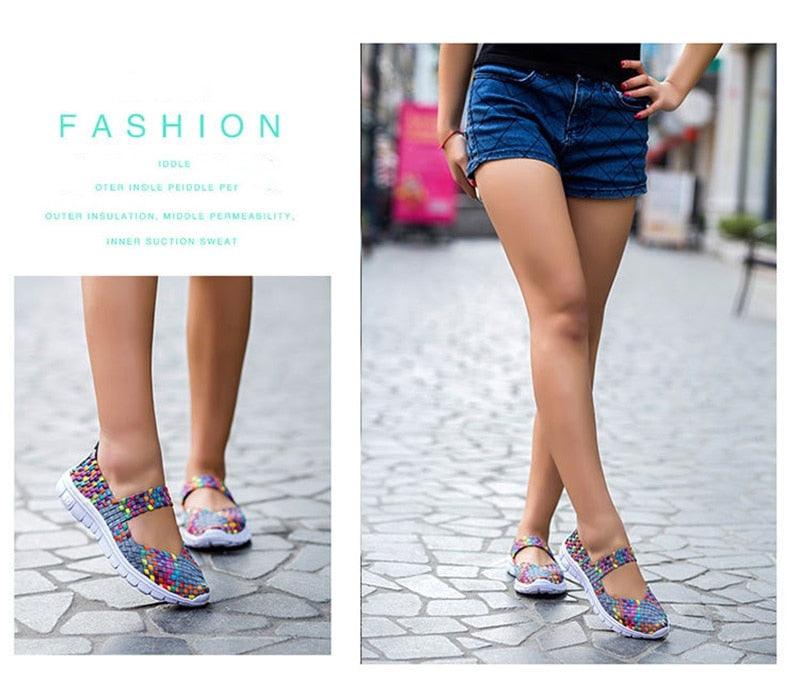 Pair of women's espadrille sneakers with woven mesh upper, breathable slip-on flats on Tampa Home & Garden Store