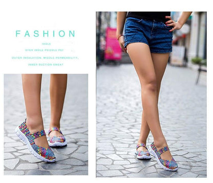 Pair of women's espadrille sneakers with woven mesh upper, breathable slip-on flats on Tampa Home & Garden Store