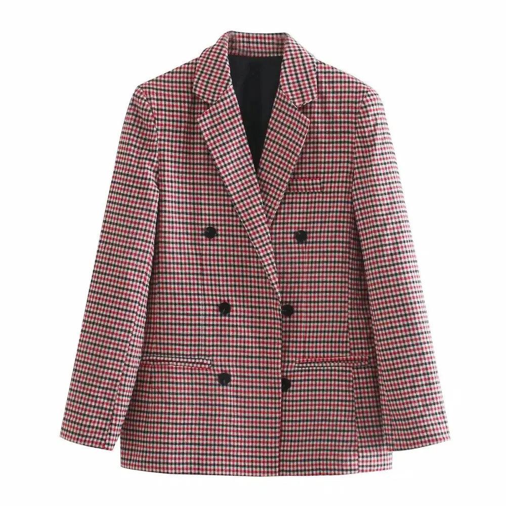Women's double-breasted plaid blazer coat by Stevvex, red-black checks with pockets on Tampa Home & Garden Store
