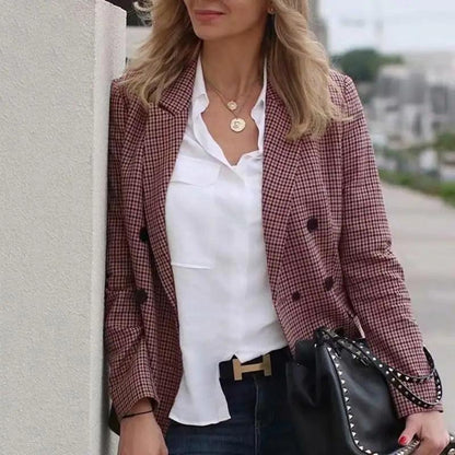 Stevvex ST93314RST women's burgundy plaid double-breasted blazer with pockets on Tampa Home & Garden Store
