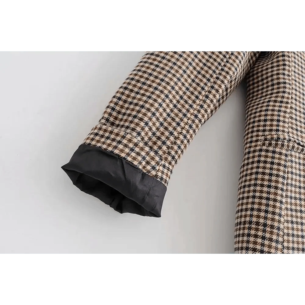 Stevvex women's plaid blazer sleeve in beige brown black houndstooth with black lining on Tampa Home & Garden Store