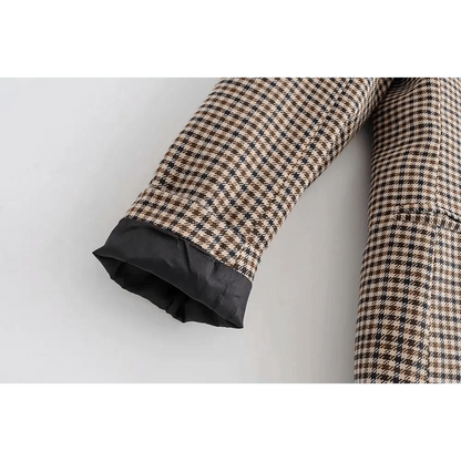 Stevvex women's plaid blazer sleeve in beige brown black houndstooth with black lining on Tampa Home & Garden Store