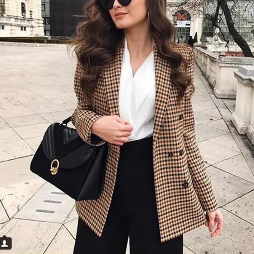 Women's double-breasted plaid blazer coat in tan and black with pockets on Tampa Home & Garden Store