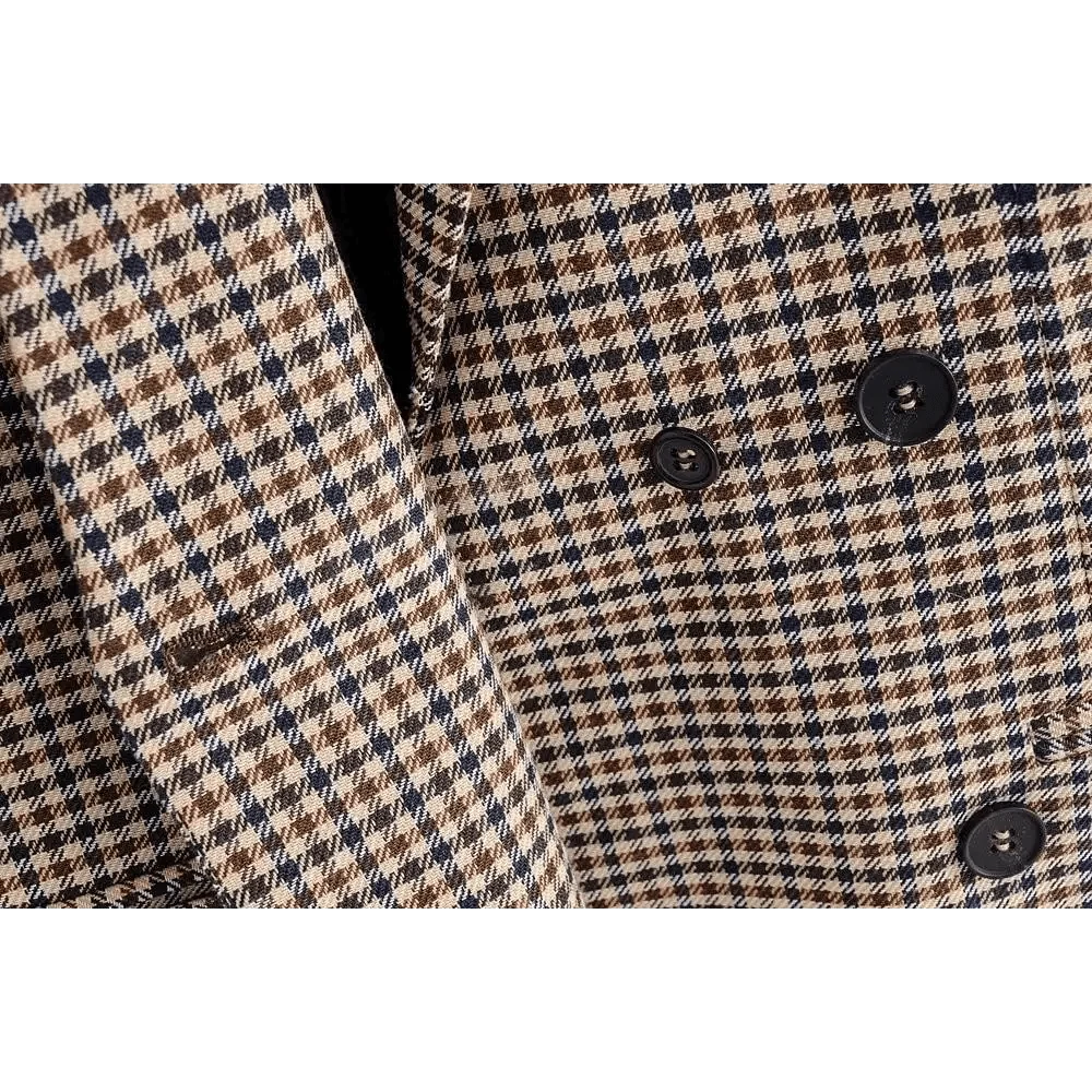 Stevvex plaid double-breasted blazer with beige-brown check and black buttons on Tampa Home & Garden Store