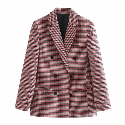 Stevvex women's double-breasted plaid blazer coat with pockets, red and black check pattern on Tampa Home & Garden Store